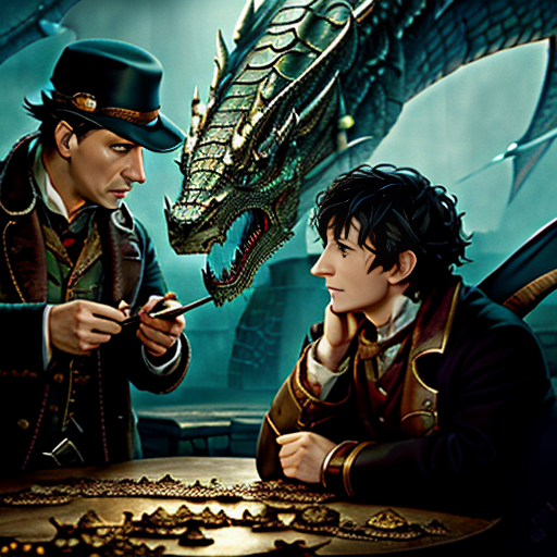 A riveting tableau of Sherlock Holmes engaged in conversation with Smaug, the massive dragon, amidst a myriad of scattered treasure, with a visibly tense Bilbo Baggins looking on.